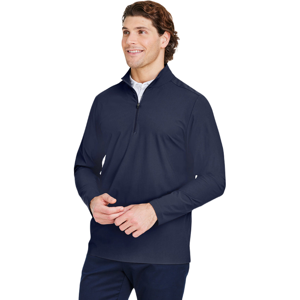 Devon & Jones Men's Navy CrownLux Performance Quarter-Zip: A Stylish Office & Golf Essential