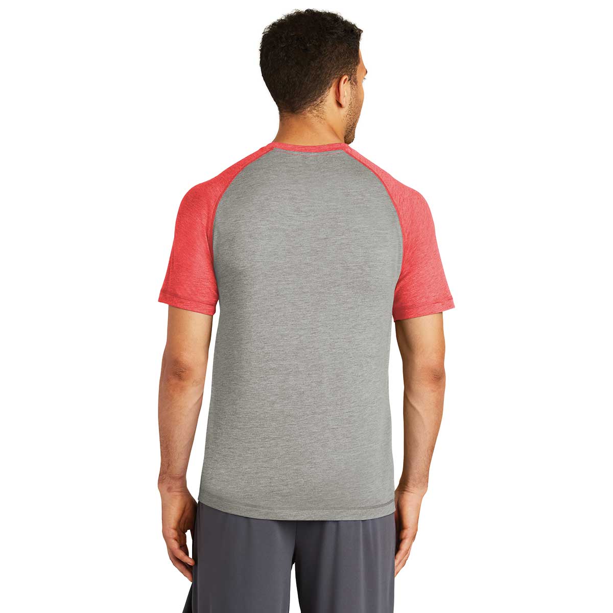 Sport-Tek Men's True Red Heather/Light Grey Heather PosiCharge Tri-Blend Wicking Raglan Tee - A Must-Have for Active Men