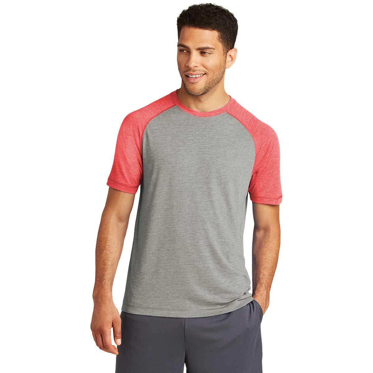 Sport-Tek Men's True Red Heather/Light Grey Heather PosiCharge Tri-Blend Wicking Raglan Tee - A Must-Have for Active Men