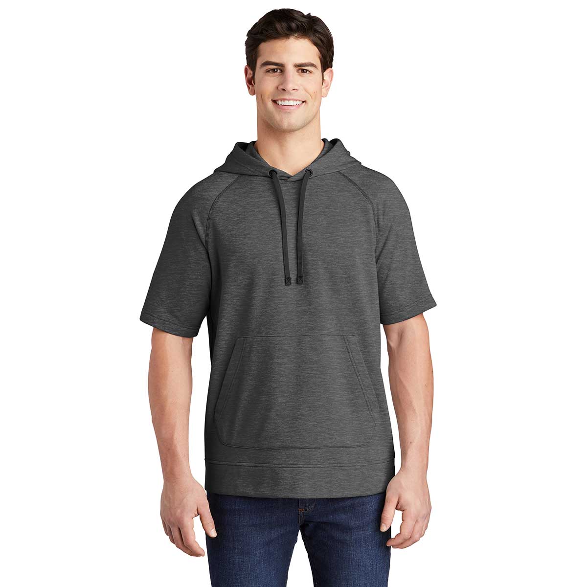 Sport-Tek Men's Dark Grey Heather PosiCharge Tri-Blend Wicking Fleece Short Sleeve Hoodie - A Must-Have for Active Men!