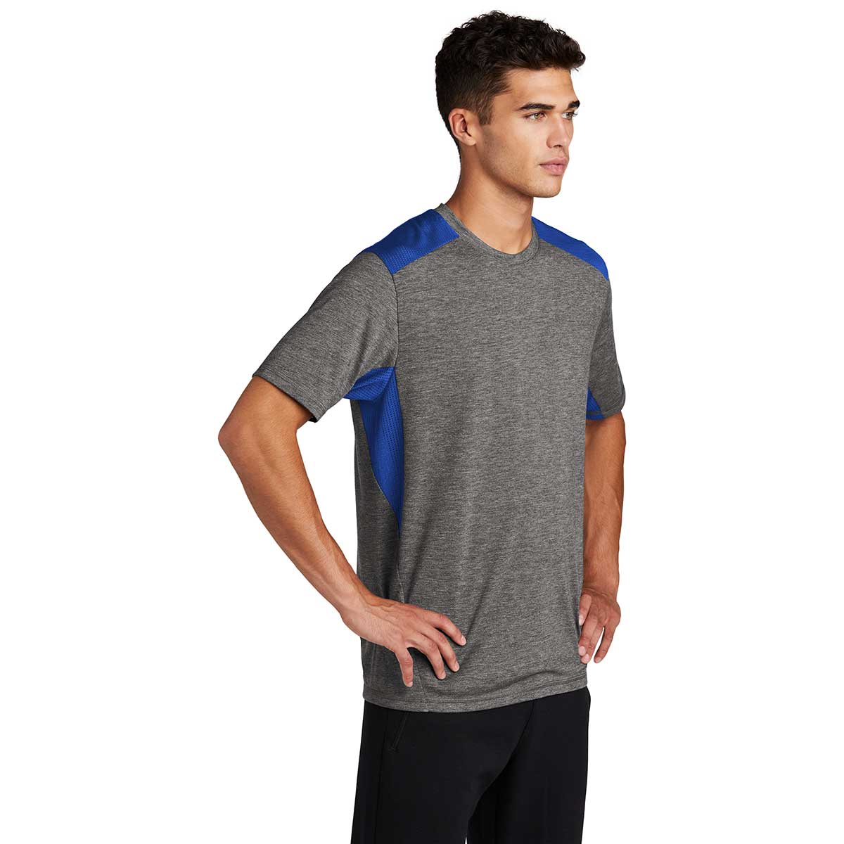 Sport-Tek Men's PosiCharge Tri-Blend Wicking Draft Tee in True Royal/Dark Grey Heather