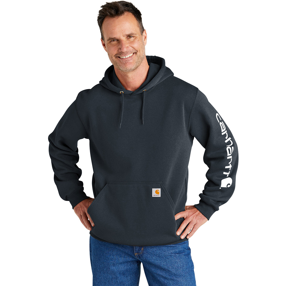 Carhartt Men's Stylish New Navy Midweight Hooded Logo Sweatshirt - A Must - Have!