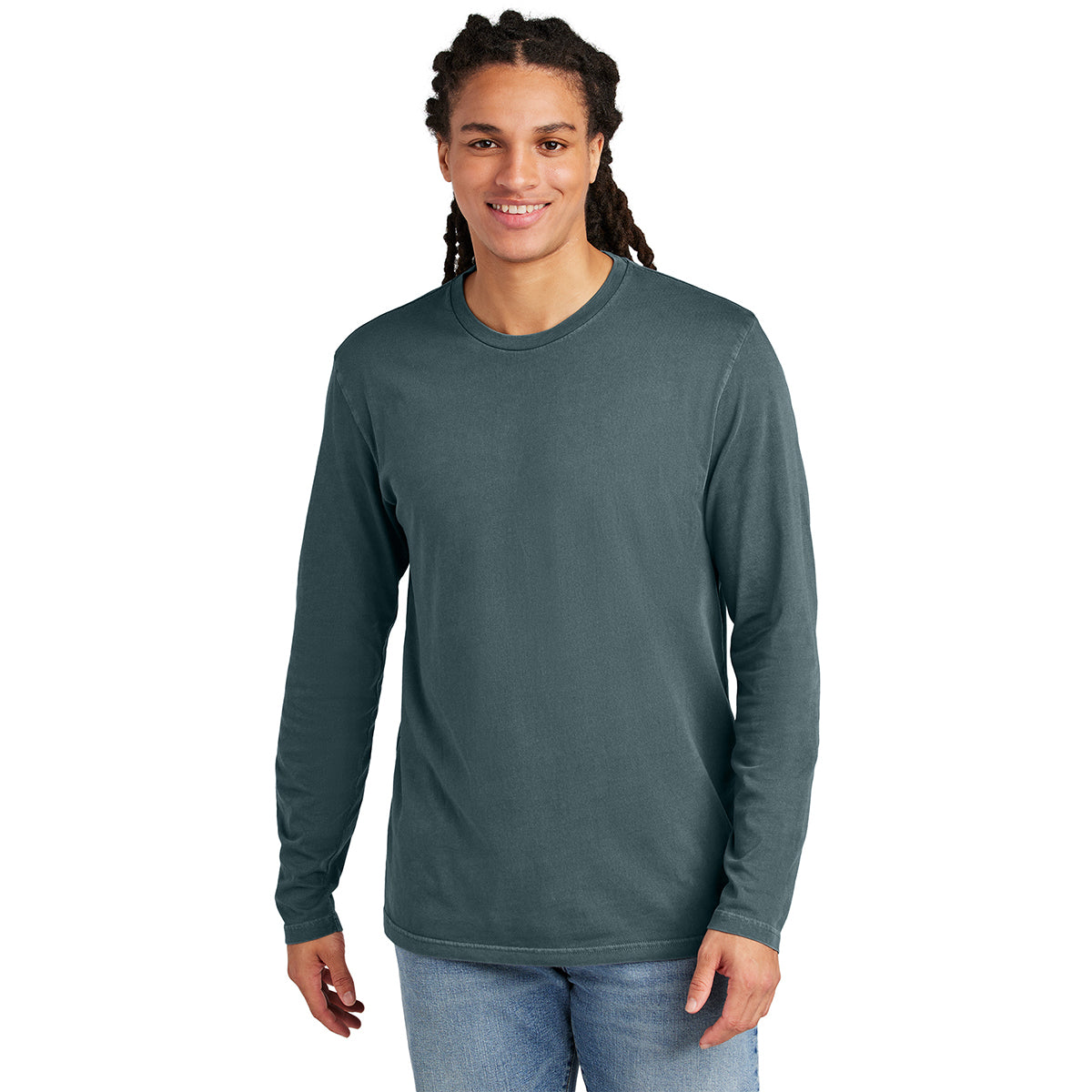 District Men's Stunning Deep Steel Blue Wash Long Sleeve Tee - Ideal for Outdoor Work!