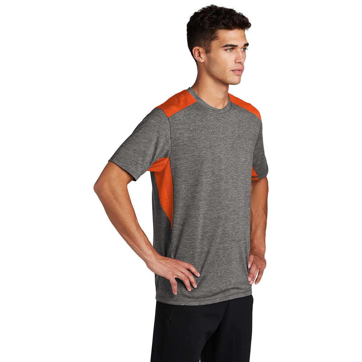 Sport-Tek Men's Stunning Deep Orange/Dark Grey Heather PosiCharge Tri-Blend Wicking Draft Tee - A Must-Have for Active Men