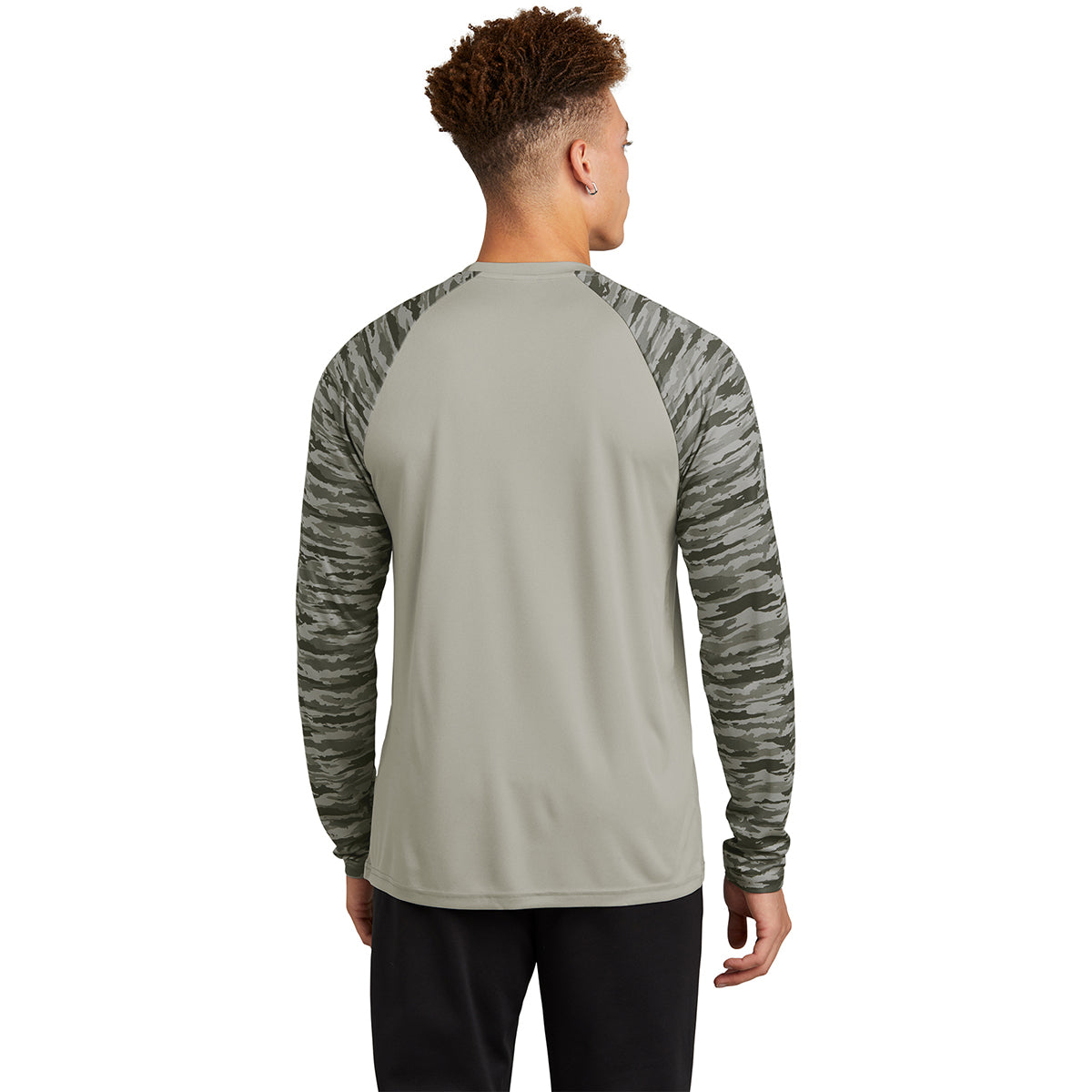Sport-Tek Men's Silver Drift Camo Colorblock Long Sleeve Tee: Stand Out in Style!