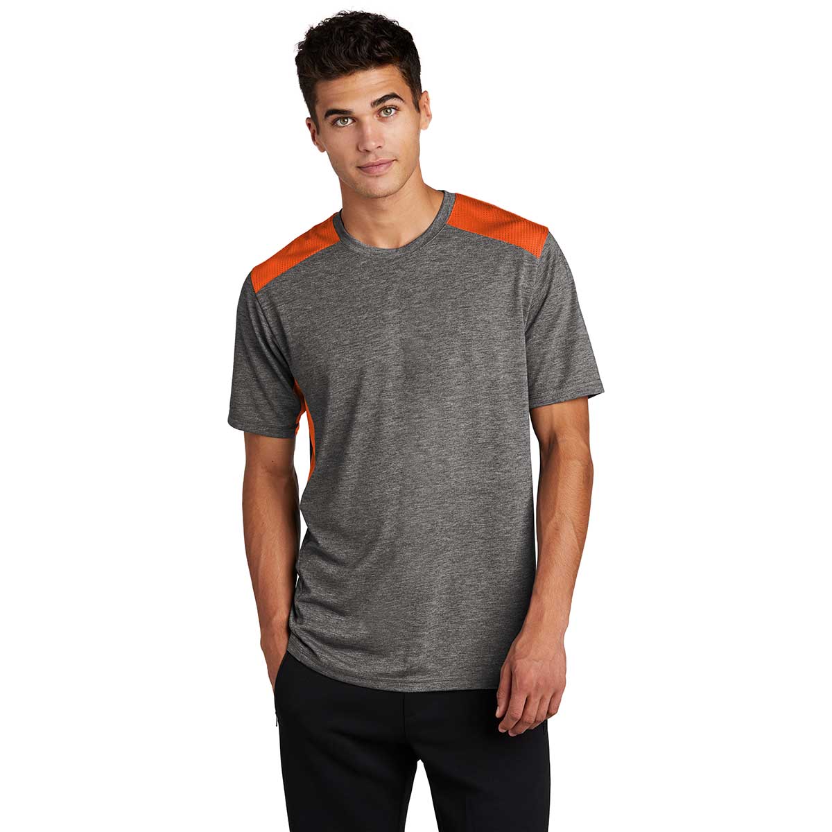 Sport-Tek Men's Stunning Deep Orange/Dark Grey Heather PosiCharge Tri-Blend Wicking Draft Tee - A Must-Have for Active Men