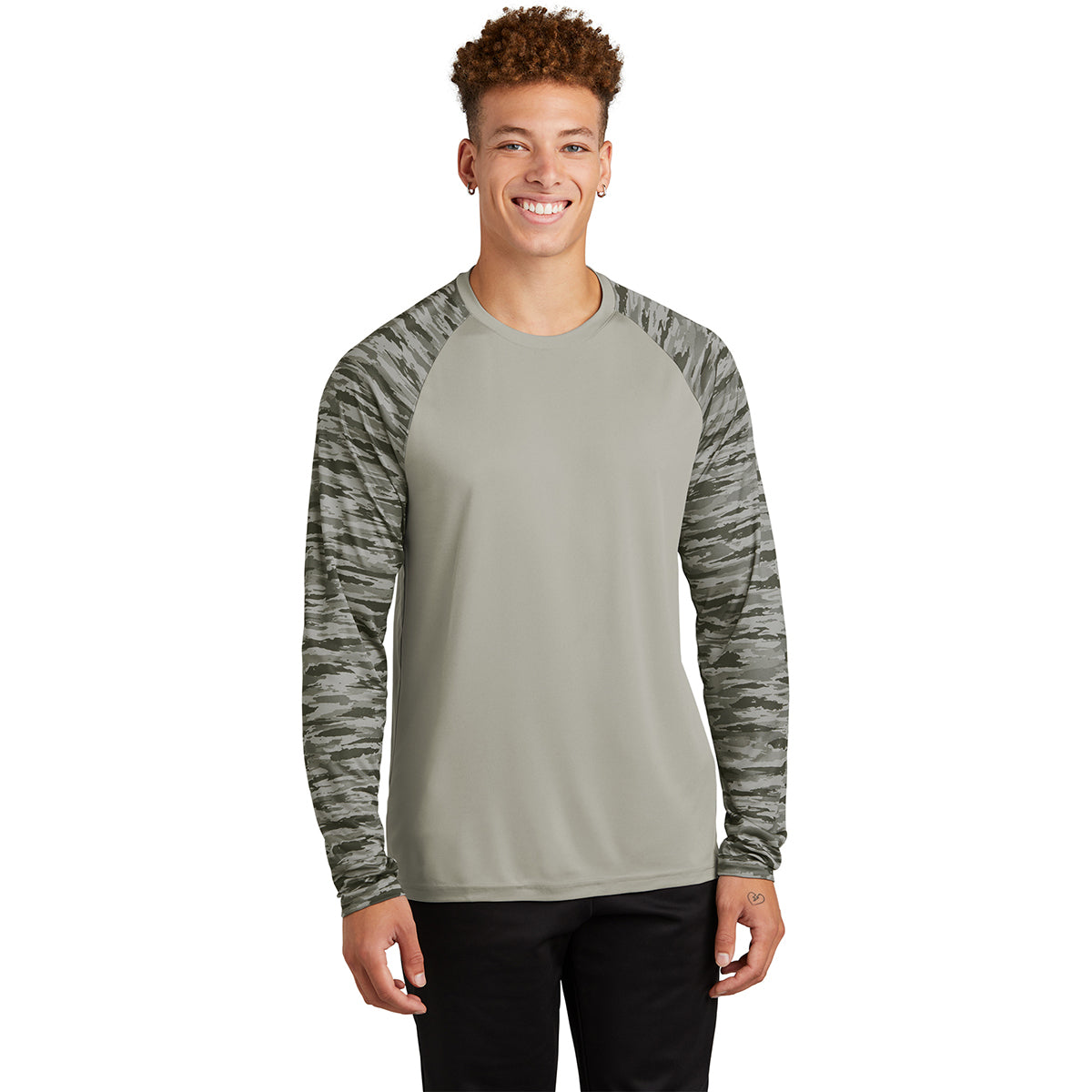 Sport-Tek Men's Silver Drift Camo Colorblock Long Sleeve Tee: Stand Out in Style!