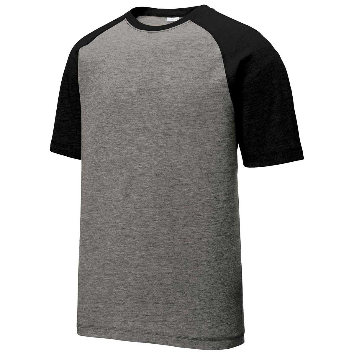 Sport-Tek Men's Black Triad Solid/Dark Grey Heather PosiCharge Tri-Blend Wicking Raglan Tee - A Must-Have for Corporate Athletes