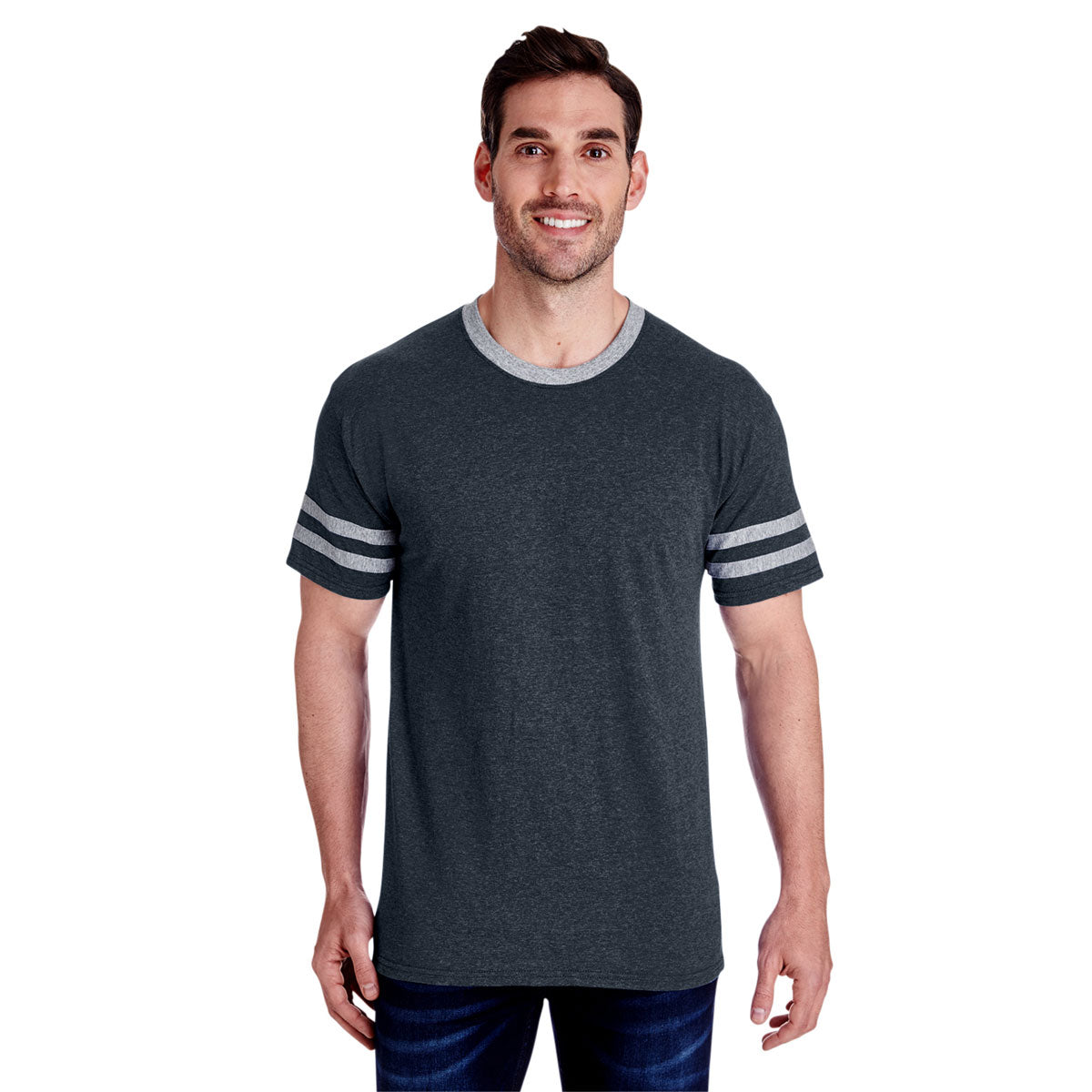 Jerzees Men's Stylish 4.5 Oz. Tri-Blend Varsity Ringer T-Shirt in Black Heather/Oxford