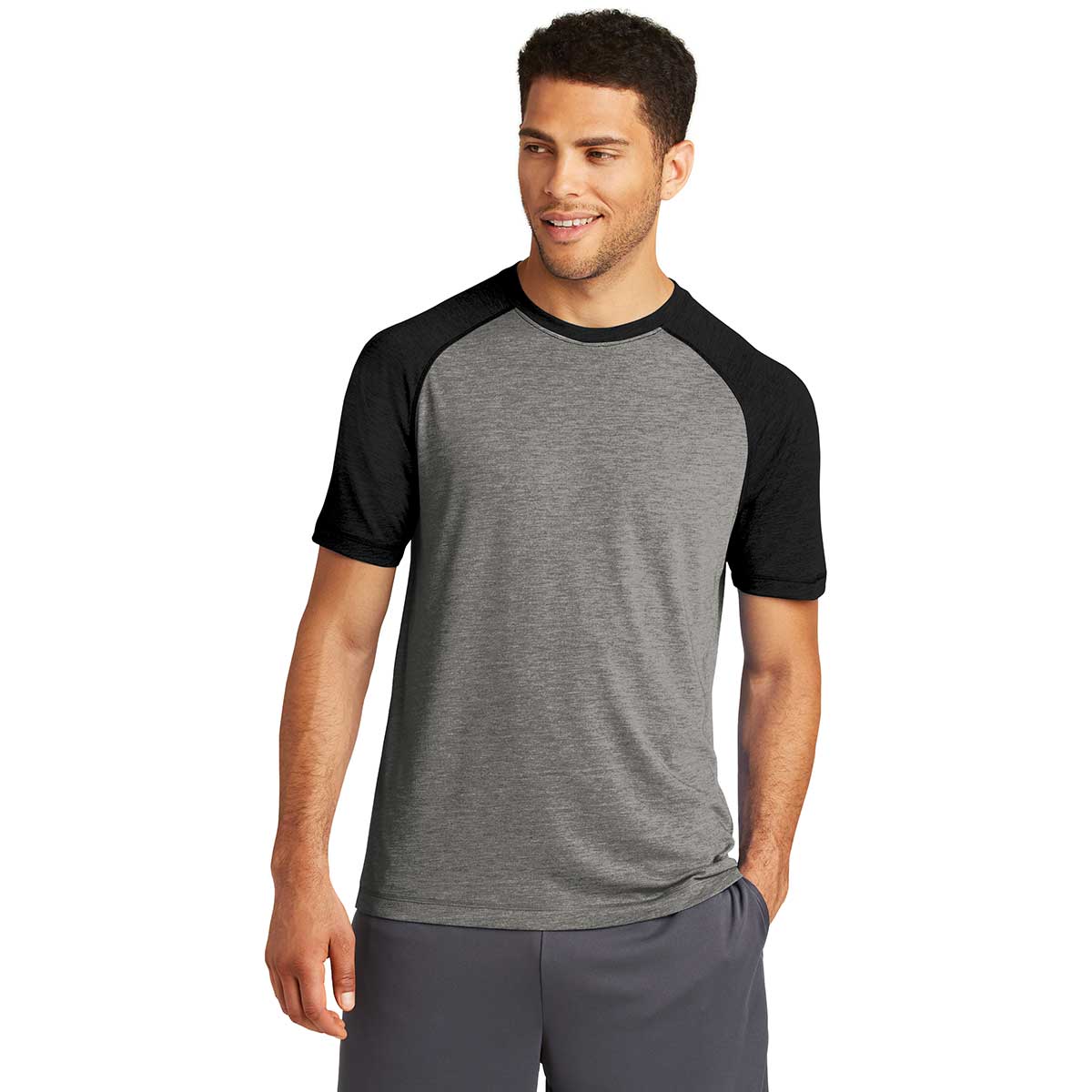 Sport-Tek Men's Black Triad Solid/Dark Grey Heather PosiCharge Tri-Blend Wicking Raglan Tee - A Must-Have for Corporate Athletes