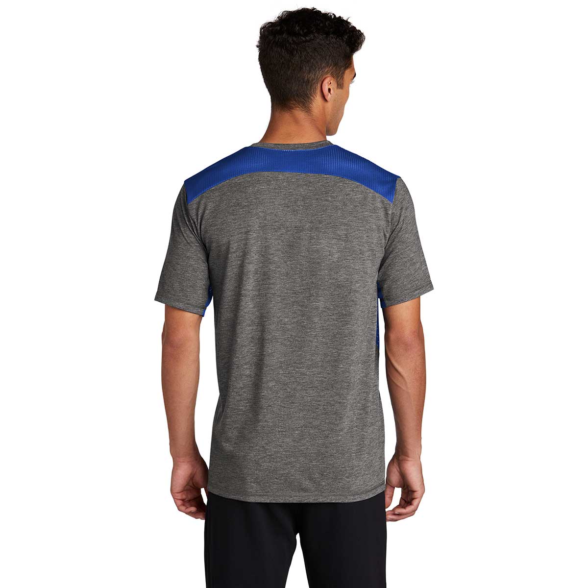 Sport-Tek Men's PosiCharge Tri-Blend Wicking Draft Tee in True Royal/Dark Grey Heather