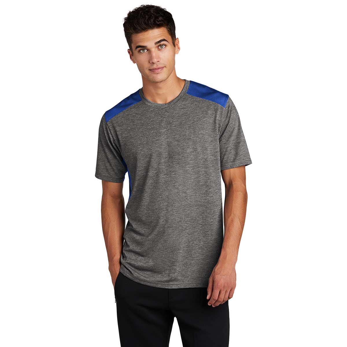 Sport-Tek Men's PosiCharge Tri-Blend Wicking Draft Tee in True Royal/Dark Grey Heather