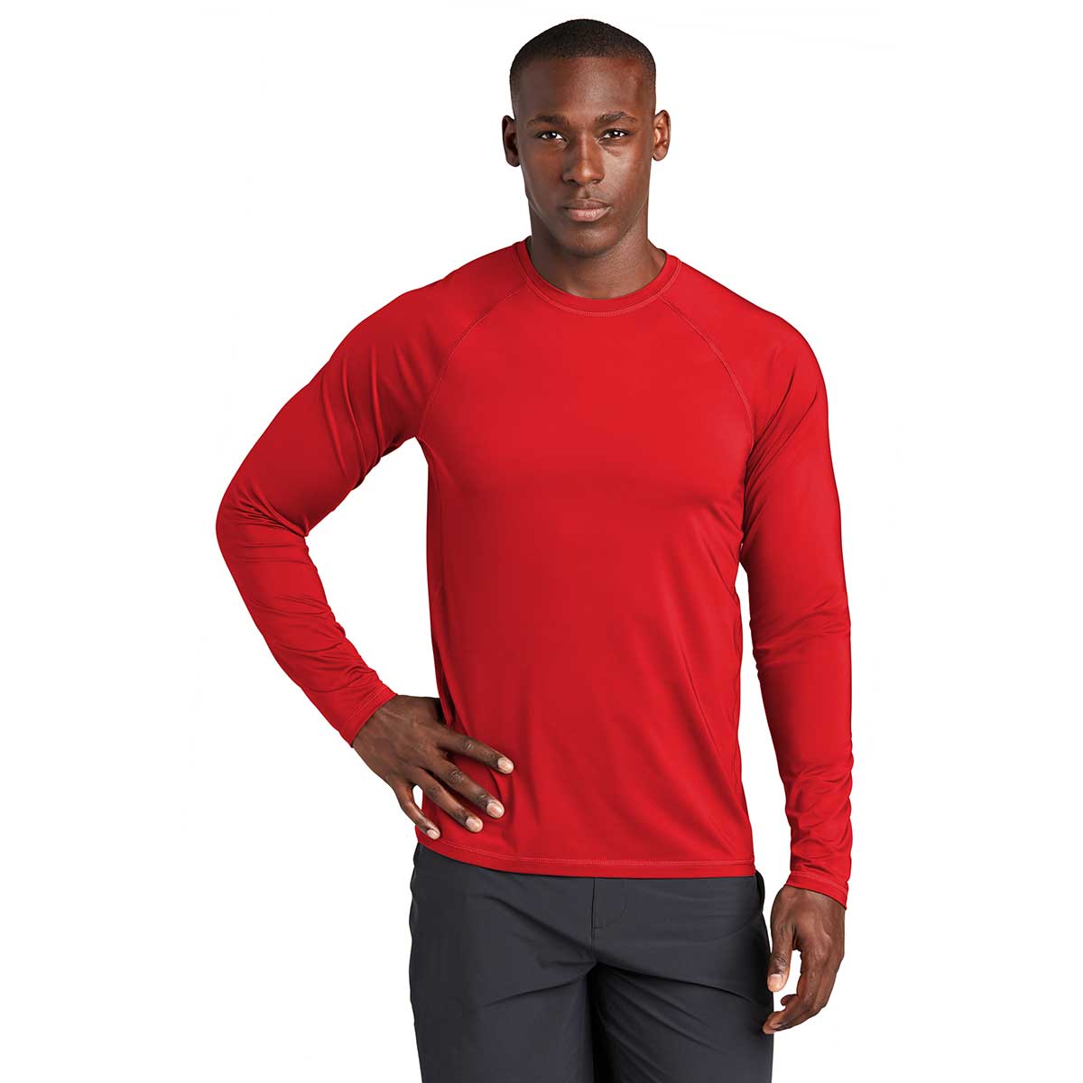 Sport-Tek Men's Stunning True Red Long Sleeve Rashguard Tee - Unleash Your Outdoor Adventure!