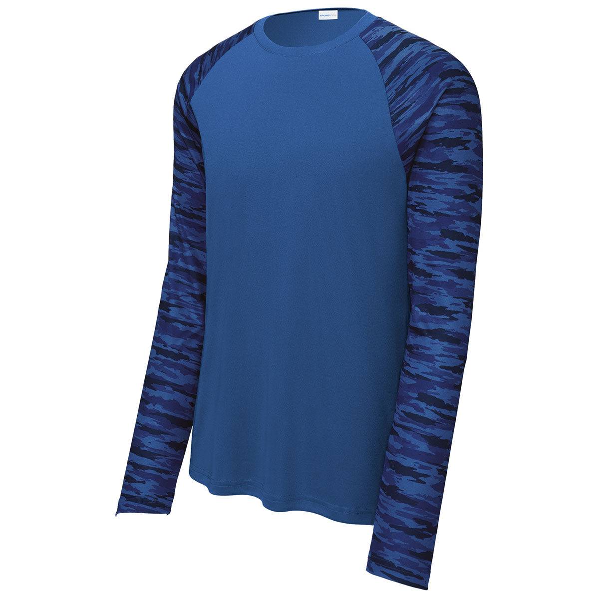 Sport-Tek Men's True Royal Drift Camo Colorblock Long Sleeve Tee: Elevate Your Team's Style