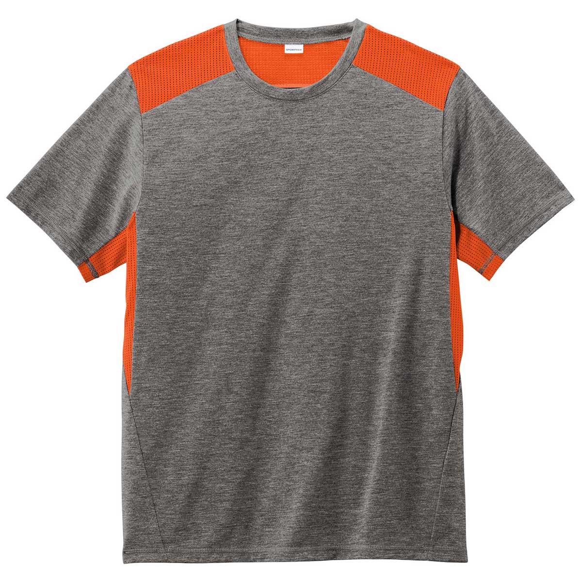 Sport-Tek Men's Stunning Deep Orange/Dark Grey Heather PosiCharge Tri-Blend Wicking Draft Tee - A Must-Have for Active Men