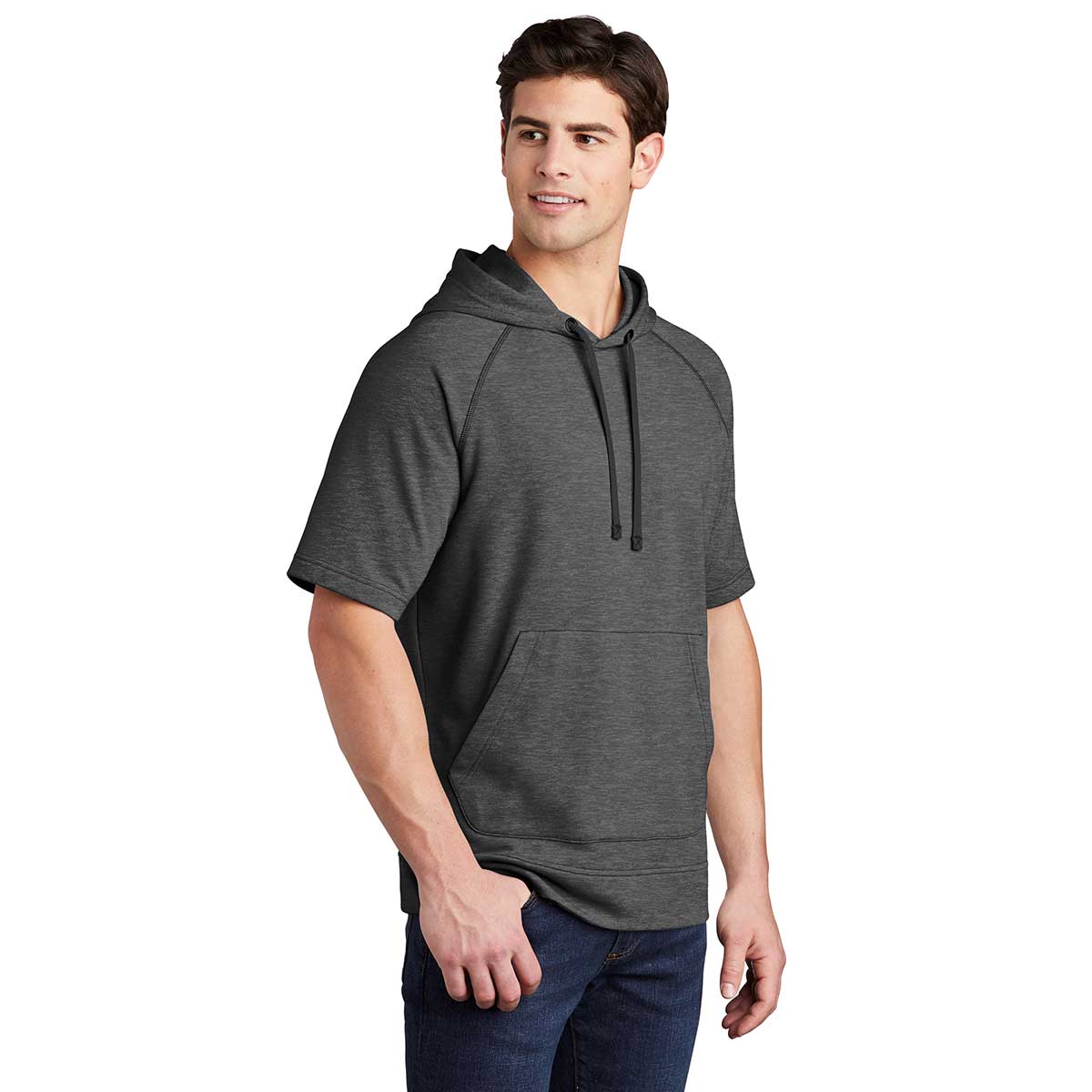 Sport-Tek Men's Dark Grey Heather PosiCharge Tri-Blend Wicking Fleece Short Sleeve Hoodie - A Must-Have for Active Men!