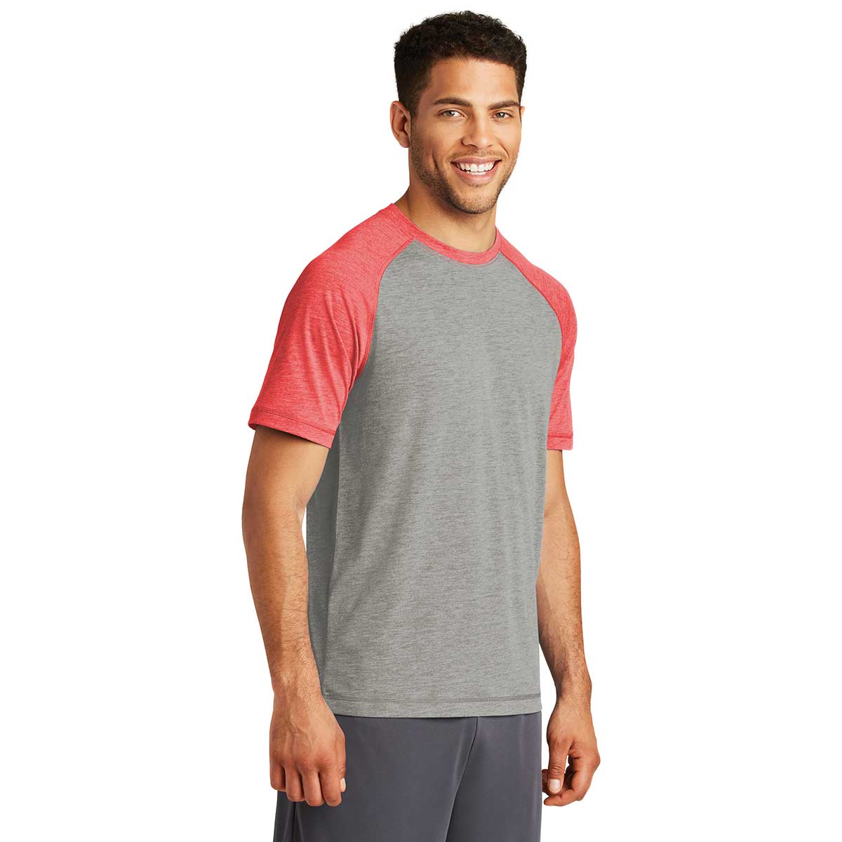 Sport-Tek Men's True Red Heather/Light Grey Heather PosiCharge Tri-Blend Wicking Raglan Tee - A Must-Have for Active Men