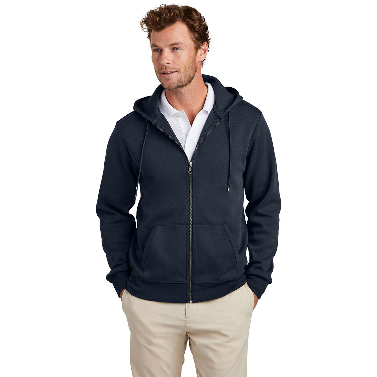 Brooks Brothers Men's Night Navy Double-Knit Full Zip Custom Logo Hoodie - A Comfort Classic!