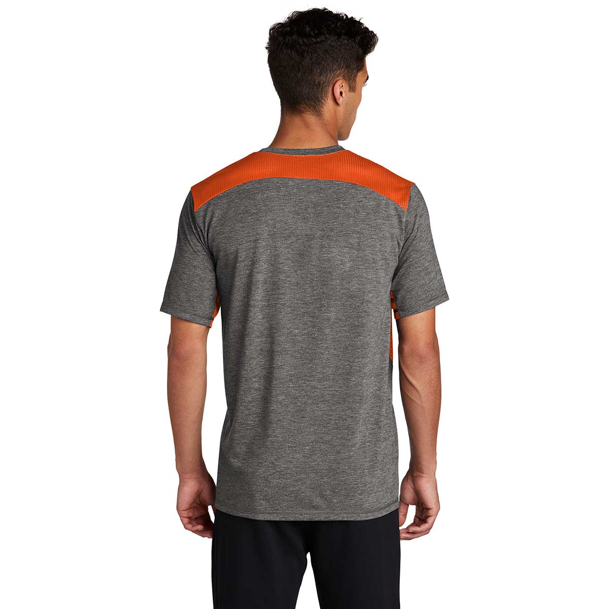 Sport-Tek Men's Stunning Deep Orange/Dark Grey Heather PosiCharge Tri-Blend Wicking Draft Tee - A Must-Have for Active Men