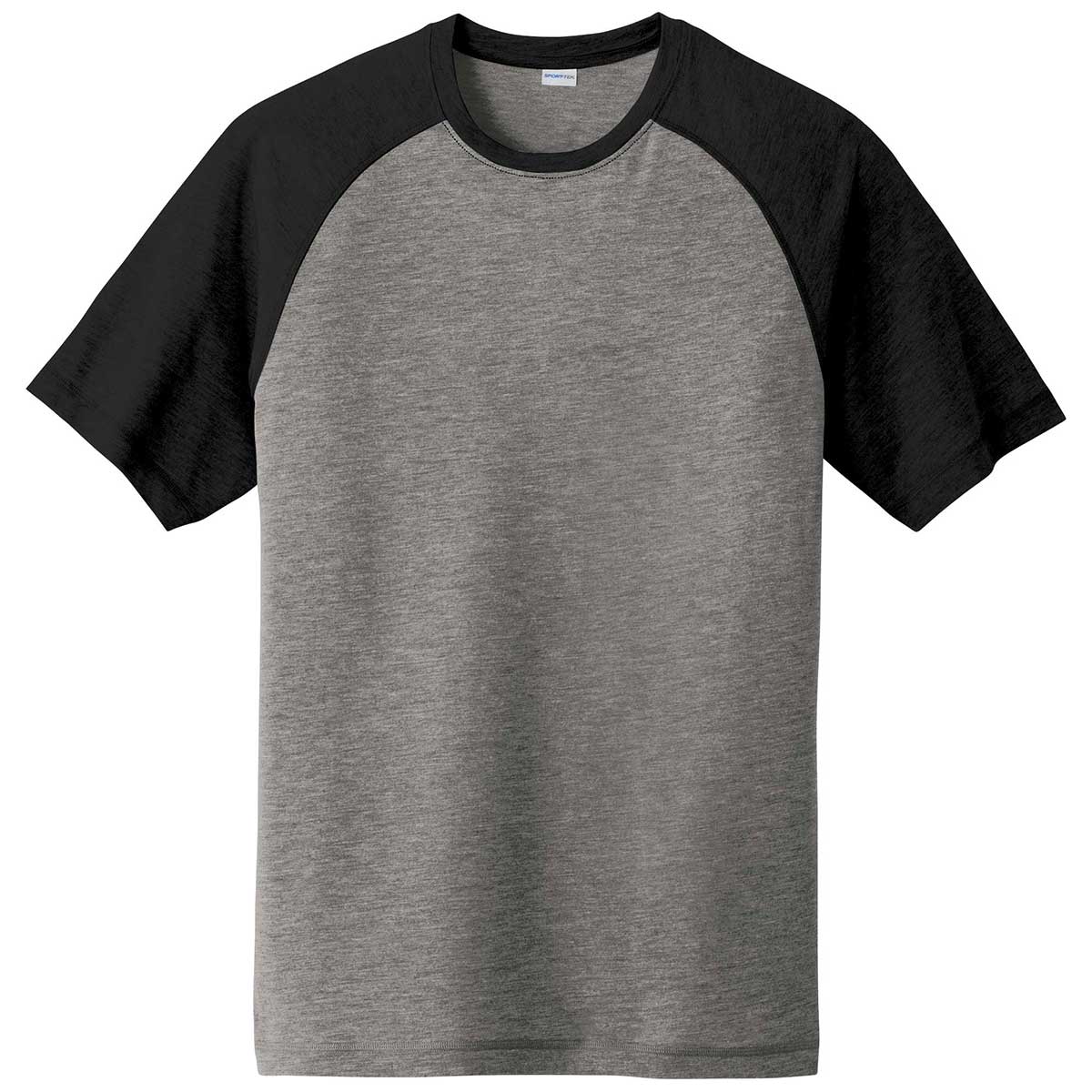 Sport-Tek Men's Black Triad Solid/Dark Grey Heather PosiCharge Tri-Blend Wicking Raglan Tee - A Must-Have for Corporate Athletes