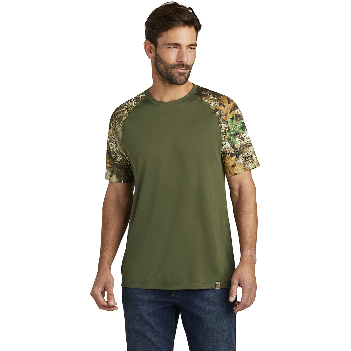 Russell Outdoors Men's Olive Drab Green/Realtree Edge Colorblock Performance Tee - Ideal for Outdoor Enthusiasts