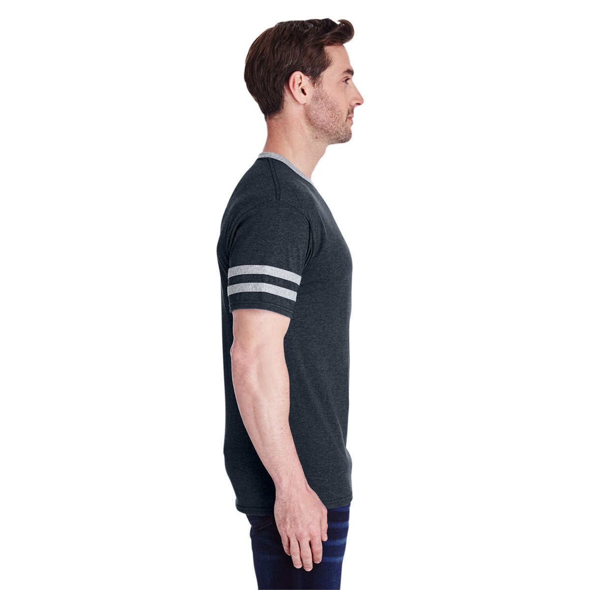 Jerzees Men's Stylish 4.5 Oz. Tri-Blend Varsity Ringer T-Shirt in Black Heather/Oxford