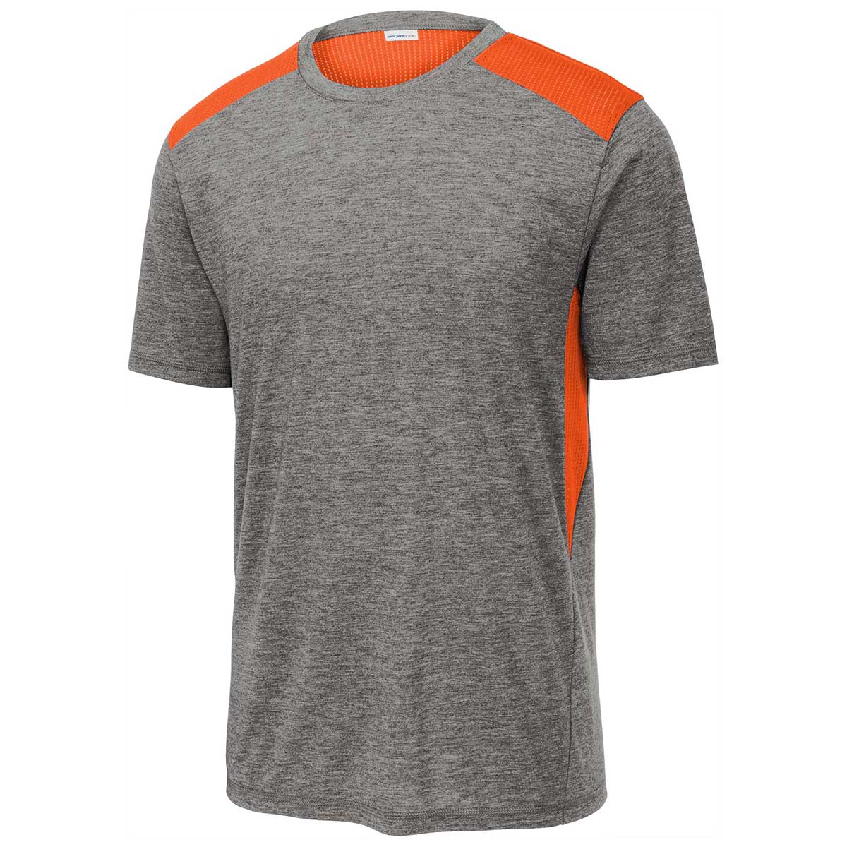 Sport-Tek Men's Stunning Deep Orange/Dark Grey Heather PosiCharge Tri-Blend Wicking Draft Tee - A Must-Have for Active Men