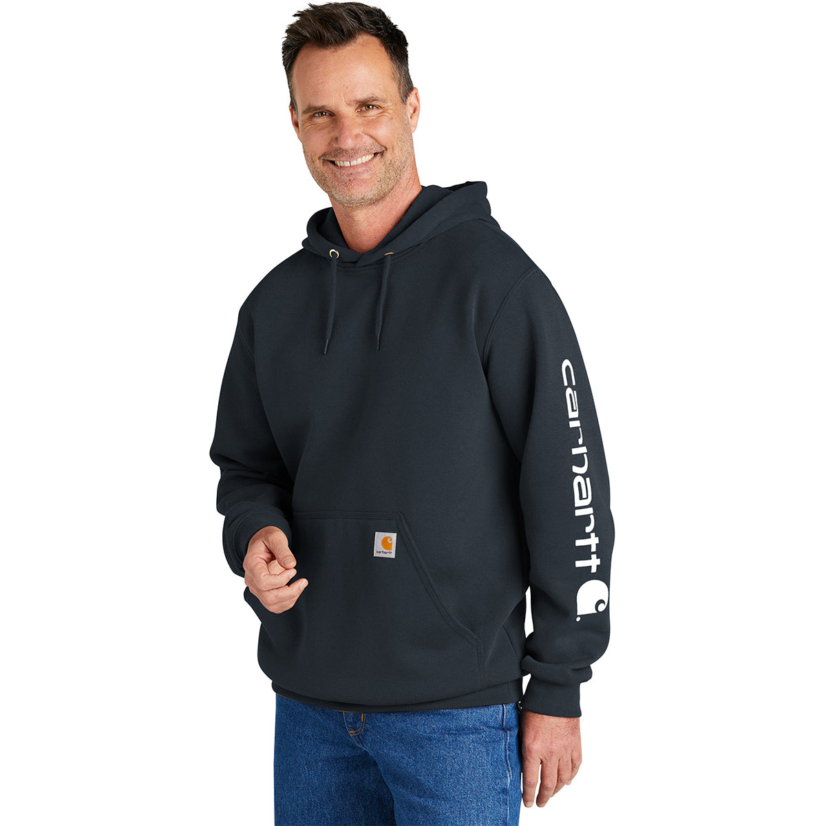Carhartt Men's Stylish New Navy Midweight Hooded Logo Sweatshirt - A Must - Have!