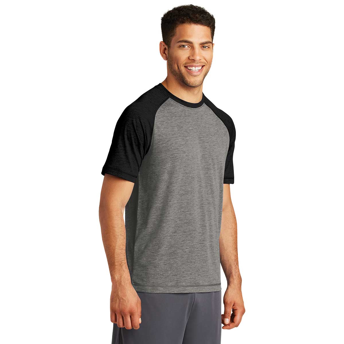 Sport-Tek Men's Black Triad Solid/Dark Grey Heather PosiCharge Tri-Blend Wicking Raglan Tee - A Must-Have for Corporate Athletes