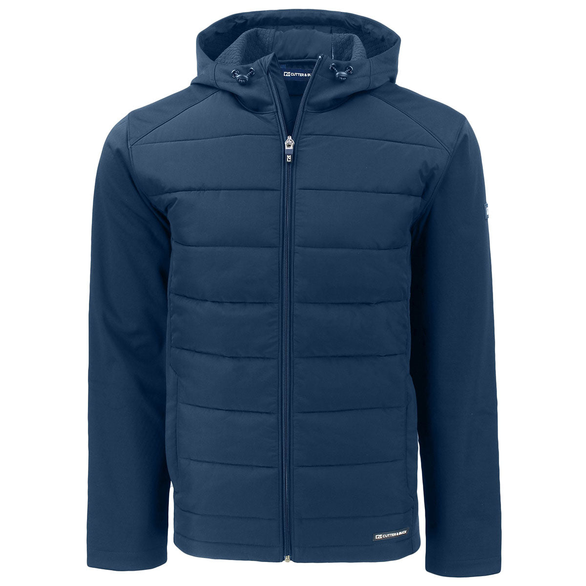 Cutter & Buck Men's Navy Blue Evoke Hybrid Eco Softshell: A Recycled Full Zip Hooded Jacket for the Outdoors