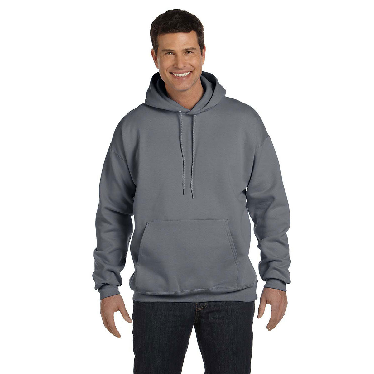 Hanes Men's Charcoal Heather 9.7 oz. Ultimate Cotton 90/10 Pullover Hoodie - Ideal for Corporate and Fitness